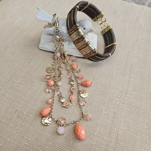 SET! Nine West Tiered Jeweled Necklace with Leather Cuff Bracelet  SET!